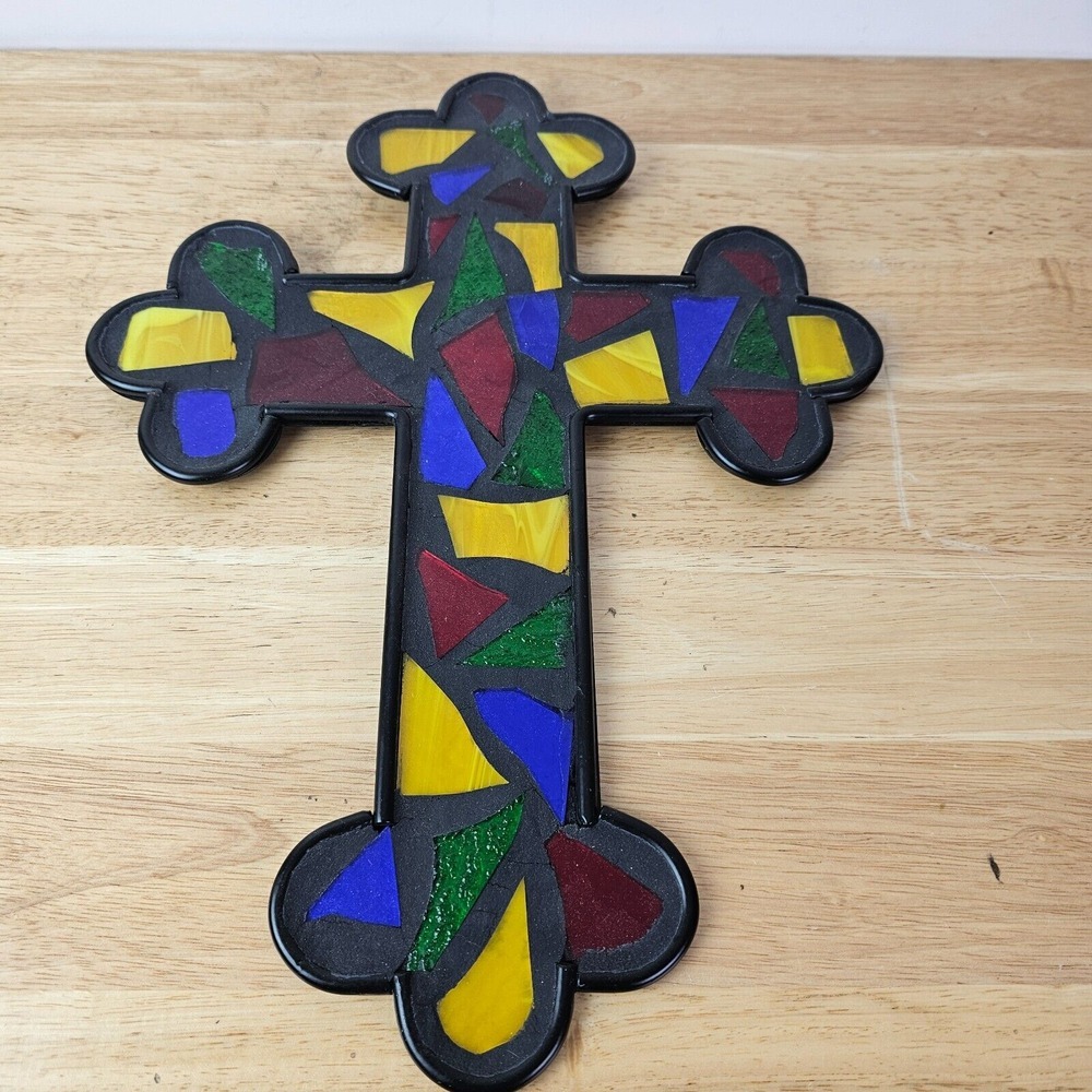 Mosaic Stained Glass Colorful Green Red Blue Yellow Cross Hanging Wall Decor 16"